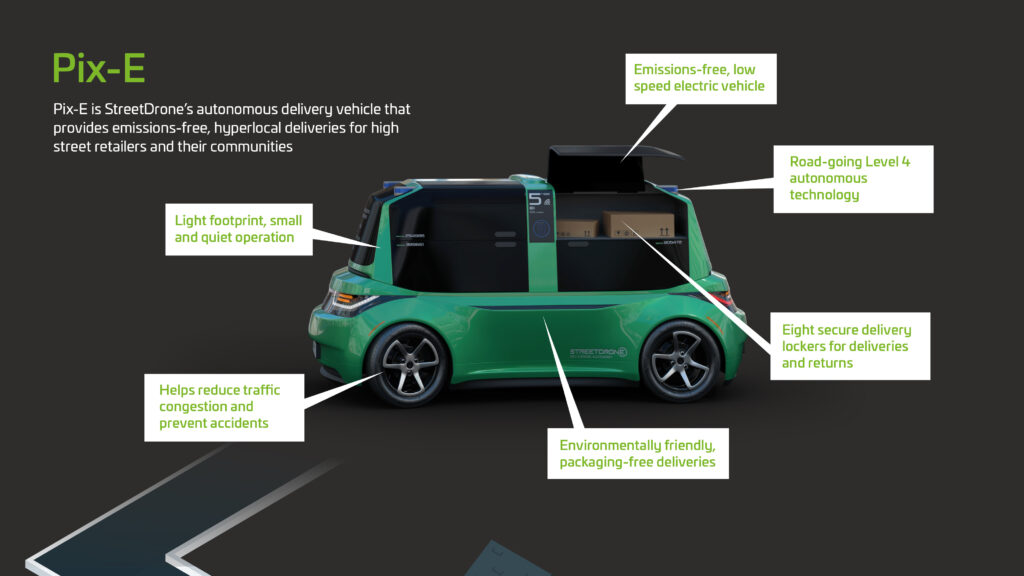 Infographic explaining the benefits of Pix-E the autonomous delivery vehicle